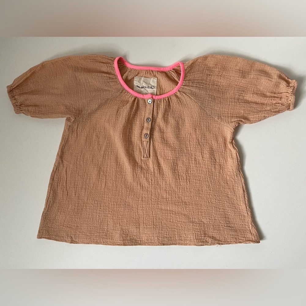 Peas & Queues Gauzy Tan Button-down Top with Contrasting Pink Trim